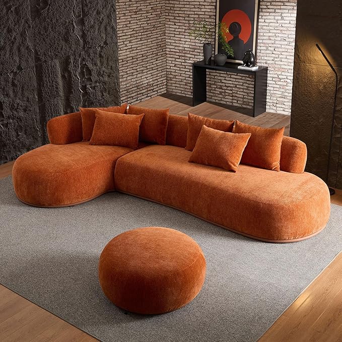KEIKI 135" L-Shaped Oversized Boucle Sectional Sofa with Left Chaise, Modern 5-Seater Polyester Curved Couch with PU Leather Base, 1 Ottoman & 6 Pillows, No Assembly Required, for Living Room, Orange