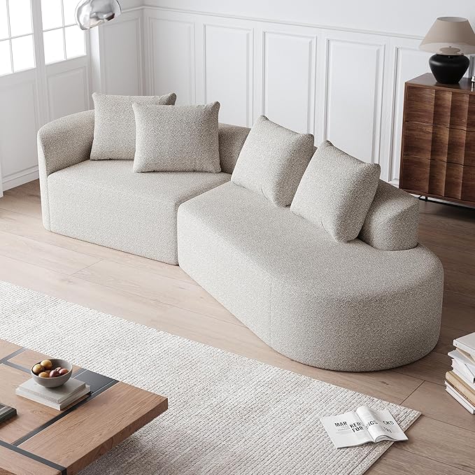 112" Modern Cloud Sectional Sofa, Chenille 4-Seater Curved Couch with 4 Pillows, Extra Deep & Wide Seat, No-Assembly Compressed Upholstered Living Room Sofa for Bedroom,Apartment,Khaki Left