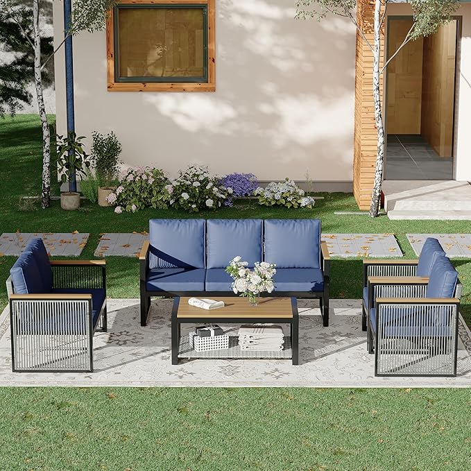 HOMREST 5 Pieces Patio Furniture Set,Outdoor Conversation Sets.Modern Chair Conversation Sets with Coffee Table,Upgrad Cusion,for Yard,Bistro,Graden(Blue)