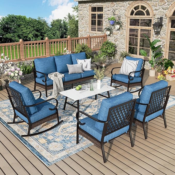 Patio Furniture Set with Coffee Table, Outdoor Conversation Set with 2 x Fixed Chairs, 2 x Rocking Chairs, 1 x 3-Seat Sofa for Lawn Garden Backyard, Pacific Blue