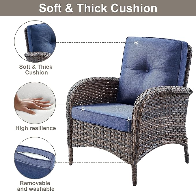 Belord 7 Piece Outdoor Patio Furniture Sets with Rocking Chairs, Wicker Loveseat Conversation Sets for Patio Deck Backyard Poolside, Blue Cushion