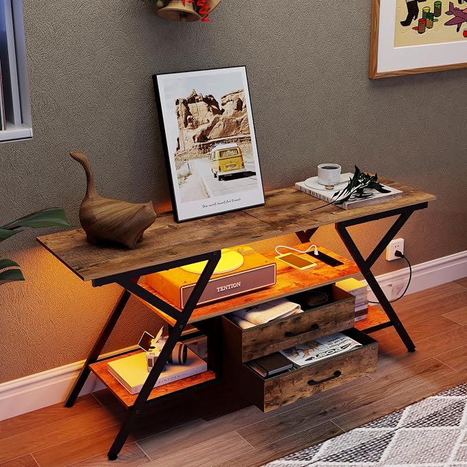 Simoretus TV Stand with Power Outlet and LED Lights, Fits TVs up to 65”, 2 Fabric Drawers Entertainment Center with Open Storage Shelves, Media Console for Living Room, Bedroom (Rustic Brown) - Image 6