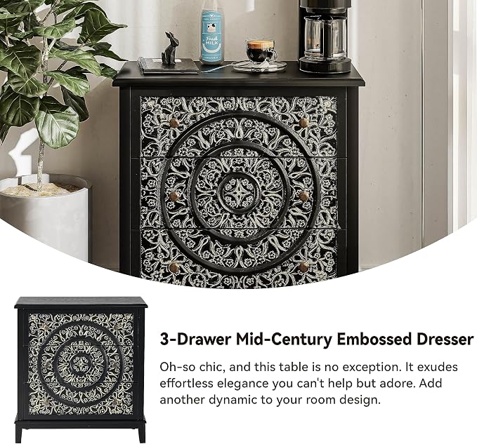 COZAYH 3-Drawer Fully-Assembled Flower Motif Dresser Set of 2 for French Country, Modern, Rustic Style, Distressed Finish, Gold & Black - Image 4