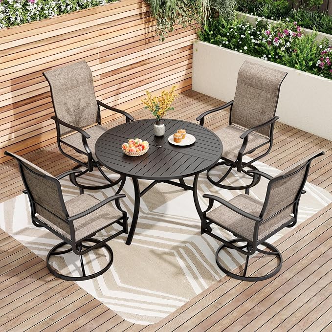 PHI VILLA 5 Piece Patio Dining Set, 4 Outdoor Swivel Dining Chairs and Large Round Dining Table(1.57’’ Umbrella Hole), All Weather Table and High Back Chairs for Outdoor Lawn Garden by PHIVILLA