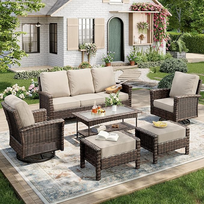 6-Piece Wicker Patio Furniture Set with Swivel Chairs, High Back Outdoor Furniture with 5.5-inch Thick Cushion and Ottoman, All-Weather Wicker Patio Conversation Set for Deck Yard Pool, Beige