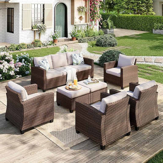 Patio Furniture Set, 7 Pcs Wicker Rattan Rattan Outdoor Conversation Set, 4 x Single Chairs, 1 x 3 Seater Sofa and 2 x Ottoman with 4" Thick Cushion for Garden Backyard Deck, Beige