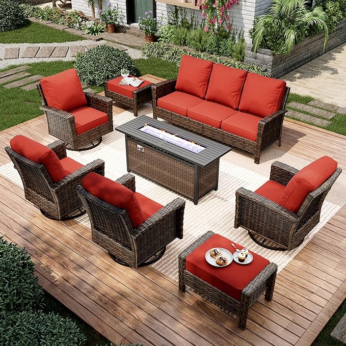 8-Piece Wicker Patio Furniture Set, Sectional Conversation Set with 2 x Swivel Chairs, 2 x Ottomans, 1 x 3-Seater Sofa, All-Weather Wicker Patio Conversation Set with 56" Fire Pit Table, Red