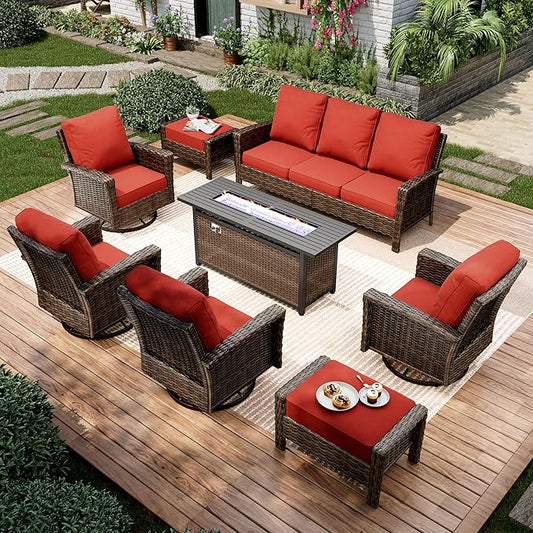 8-Piece Wicker Patio Furniture Set, Sectional Conversation Set with 2 x Swivel Chairs, 2 x Ottomans, 1 x 3-Seater Sofa, All-Weather Wicker Patio Conversation Set with 56" Fire Pit Table, Red