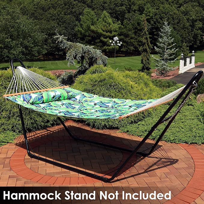 Sunnydaze Quilted Double Hammock for Outside with Spreader Bars and Pillow - 450 lb Capacity, 74x55 Inch Bed, UV Resistant, Quick Dry - Chains Included, Stand Sold Separately - Exotic Foliage - Image 9