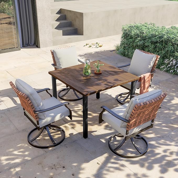 Grand patio 5-Piece Outdoor Dining Set, 4 Leather-Look Wicker Swivel Patio Chairs & 1 Square Woodgrain Dining Table, Brown - Image 2