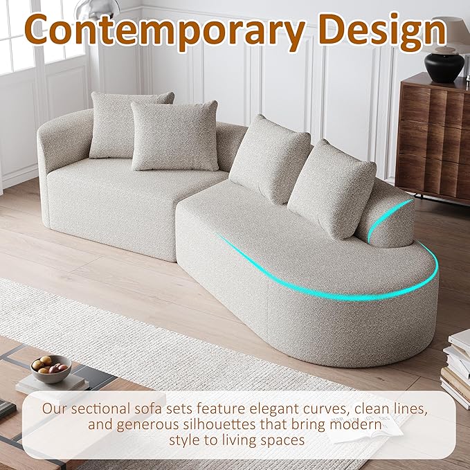 112" Modern Cloud Sectional Sofa, Chenille 4-Seater Curved Couch with 4 Pillows, Extra Deep & Wide Seat, No-Assembly Compressed Upholstered Living Room Sofa for Bedroom,Apartment,Khaki Left