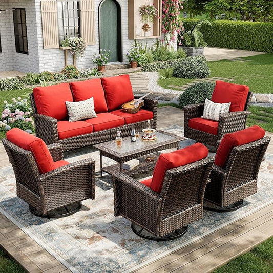 6-Piece Wicker Patio Furniture Set with Swivel Chairs, High Back Outdoor Sofa with 5.5-inch Thick Cushion, All-Weather Wicker Patio Conversation Set for Deck Yard Pool, Red