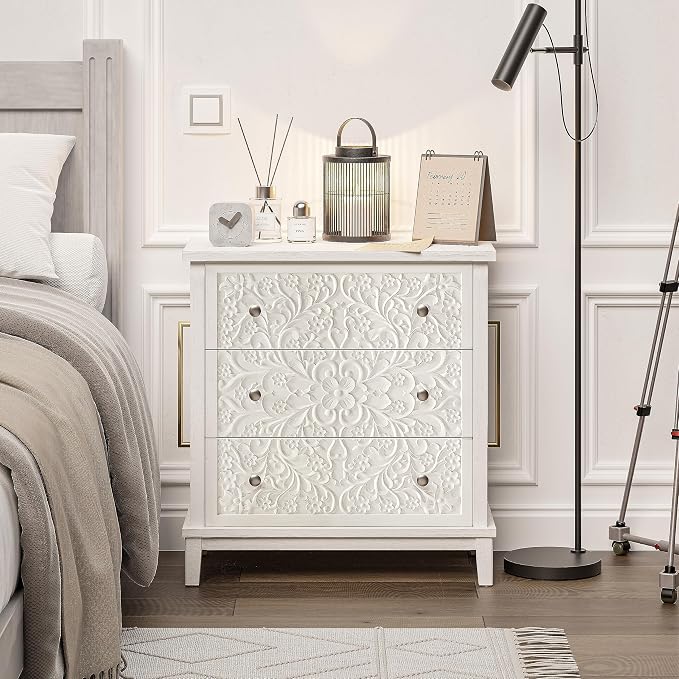 COZAYH 3-Drawer Fully-Assembled Flower Motif Dresser, Set of 2 Nightstand for French Country, Farmhouse, Modern, Rustic Style, Distressed Finish, White-Washed - Image 6