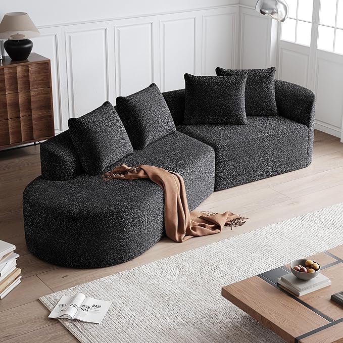 112" Modern Cloud Sectional Sofa, Chenille 4-Seater Curved Couch with 4 Pillows, Extra Deep & Wide Seat, No-Assembly Compressed Upholstered Living Room Sofa for Bedroom,Apartment,Black Right