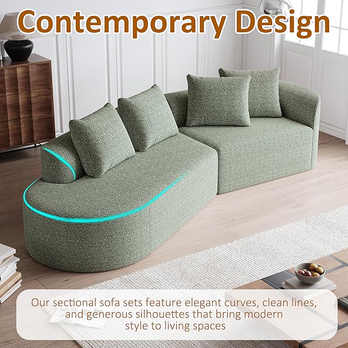 112" Modern Cloud Sectional Sofa, Chenille 4-Seater Curved Couch with 4 Pillows, Extra Deep & Wide Seat, No-Assembly Compressed Upholstered Living Room Sofa for Bedroom,Apartment,Green Right