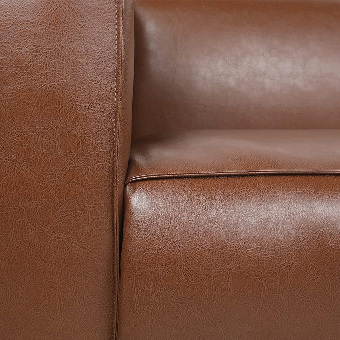 Goyette 3 Seater Sofa - Faux Leather - Cognac Brown/Dark Walnut