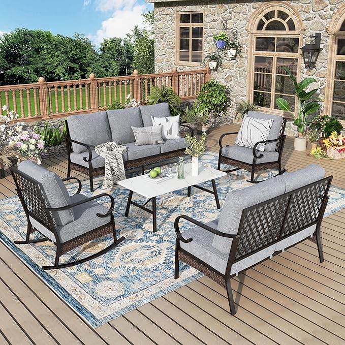 Patio Furniture Set with Coffee Table, Outdoor Conversation Set with 2 x Rocking Chairs, 1 x 2-Seat Sofa, 1 x 3-Seat Sofa for Lawn Garden Backyard, Grey