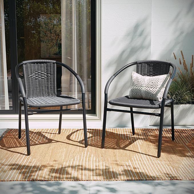EMMA + OLIVER Set of 4 Modern Rattan Indoor/Outdoor Stack Chairs, Stacking Rattan Patio Chairs with Curved Back and Cross Bracing, Gray - Image 6