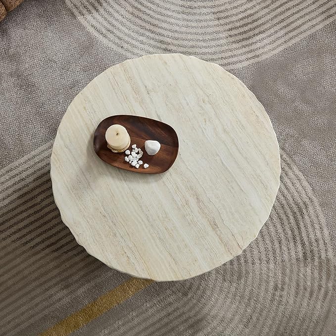 Round Coffee Table, 31.69" Fiberglass Faux Marble Pattern Imitation Stone Table Cement Center Table for Living Room Apartment