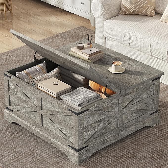Furnideco 35.5''W Square Coffee Table Farmhouse Lift top Coffee Table with Large Hidden Storage, Wood Center Table for Living Room, Home Office, Rustic Grey