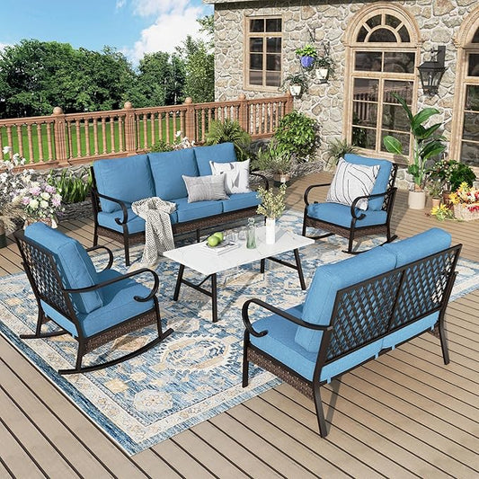 Patio Furniture Set with Coffee Table, Outdoor Conversation Set with 2 x Rocking Chairs, 1 x 2-Seat Sofa, 1 x 3-Seat Sofa for Lawn Garden Backyard, Navy Blue