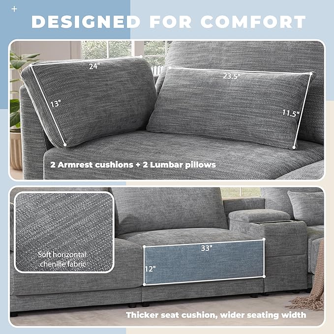 124" L-Shaped Corner Sectional Sofa with Multi-Functional Storage Console for Home Apartment, Luxury Chenille Upholstered Cloud Couches W/Wireless Charger & Ottoman