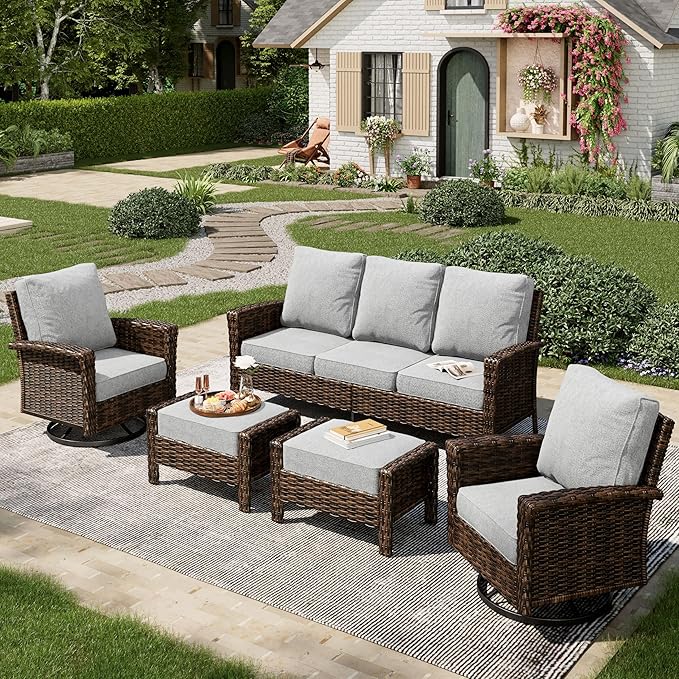 5-Piece Wicker Patio Furniture Set with Swivel Chairs, High Back Outdoor Furniture with 5.5-inch Thick Cushion and Ottoman, All-Weather Wicker Patio Conversation Set for Deck Yard Pool, Grey