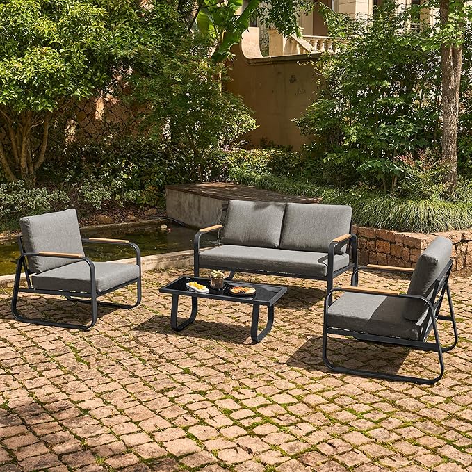 East Oak 4-Piece Patio Furniture Set, Outdoor Patio Set, 4.7inch Removable & Washable Deep Seating Cushion Outside Conversation Sets, Gray