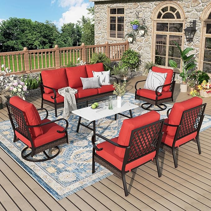 Patio Furniture Set with Coffee Table, Outdoor Conversation Set with 2 x Fixed Chairs, 2 x Swivel Chairs, 1 x 3-Seat Sofa for Lawn Garden Backyard, Red