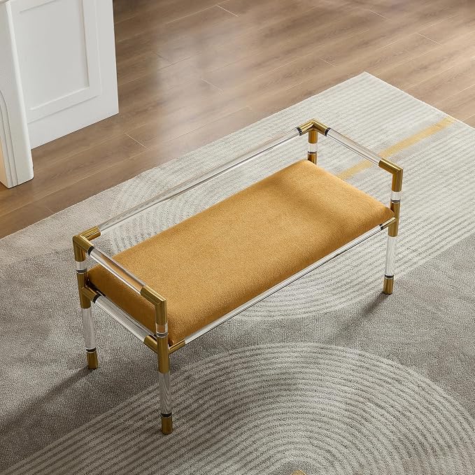 Bedroom Bench with Low Back, Acrylic and Stainless Steel Combination,Upholstered Seat(Yellow) - Image 6