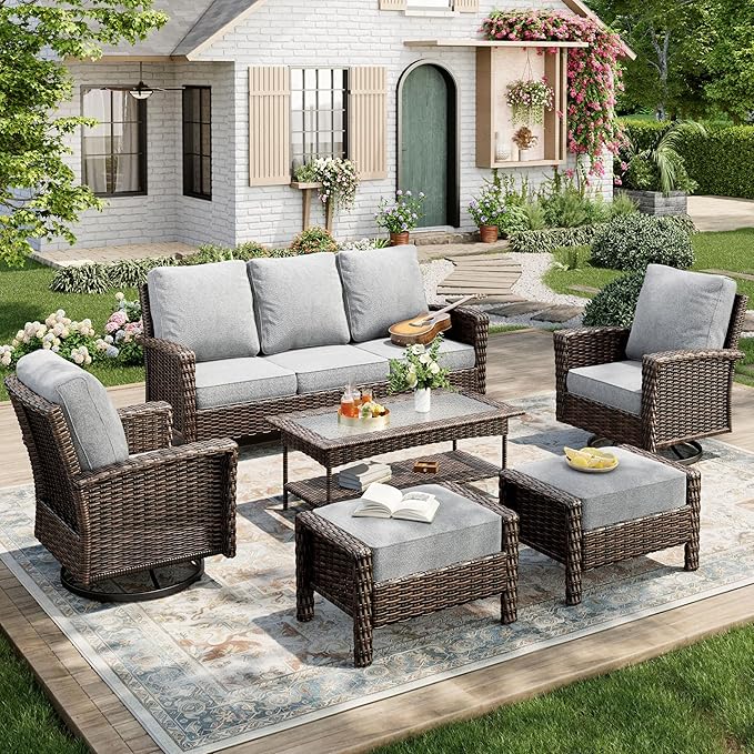6-Piece Wicker Patio Furniture Set with Swivel Chairs, High Back Outdoor Furniture with 5.5-inch Thick Cushion and Ottoman, All-Weather Wicker Patio Conversation Set for Deck Yard Pool, Grey