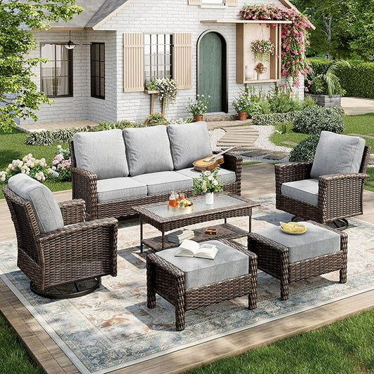6-Piece Wicker Patio Furniture Set with Swivel Chairs, High Back Outdoor Furniture with 5.5-inch Thick Cushion and Ottoman, All-Weather Wicker Patio Conversation Set for Deck Yard Pool, Grey