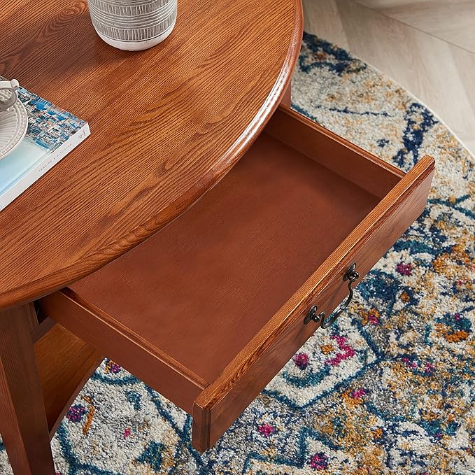 Leick Home Haven Ridge Coffee Table, Solid Wood, Oval, with Drawer and Shelf, Medium Oak, 9044-MED