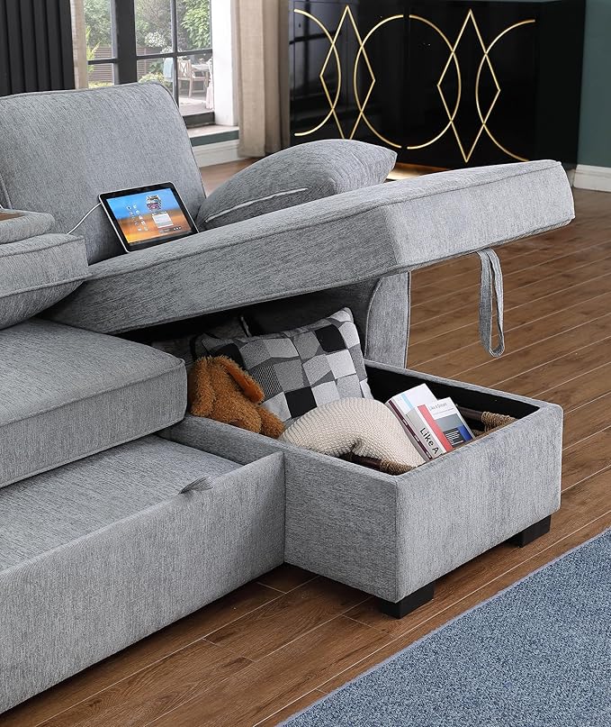 ERYE L-Shaped Pull Out Sleeper Couch Bed, Modern Chenille Upholstered Button Tufted Corner Couch Reversible Sectional Sleeper Sofa Bed W/Storage Chaise, Cup Holders