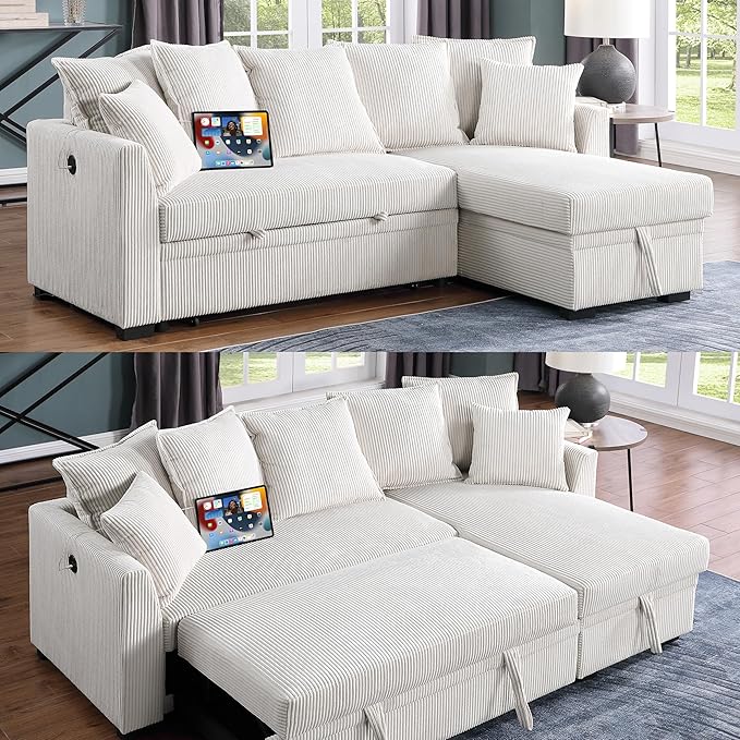 Modern Living Room Corner Convertible Sofabed Corduroy Upholstered Reversible Sleeper Sectional Sofa with 7 Pillow and USB Ports, L-Shaped Pull Out Sleep Couch Bed W/Reversible Storage Chaise Daybed