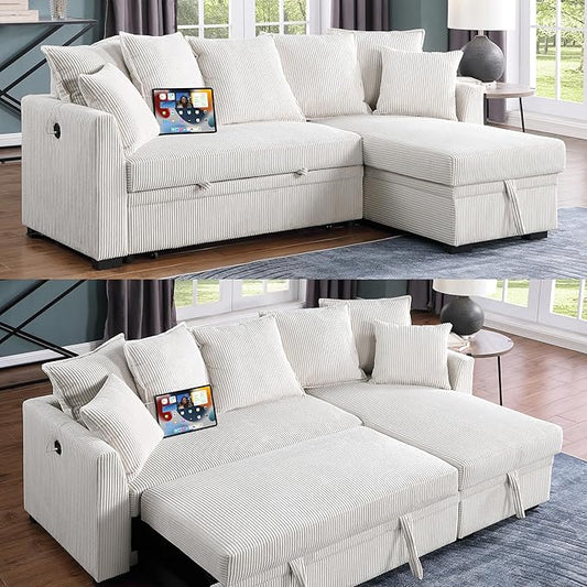 Modern Living Room Corner Convertible Sofabed Corduroy Upholstered Reversible Sleeper Sectional Sofa with 7 Pillow and USB Ports, L-Shaped Pull Out Sleep Couch Bed W/Reversible Storage Chaise Daybed
