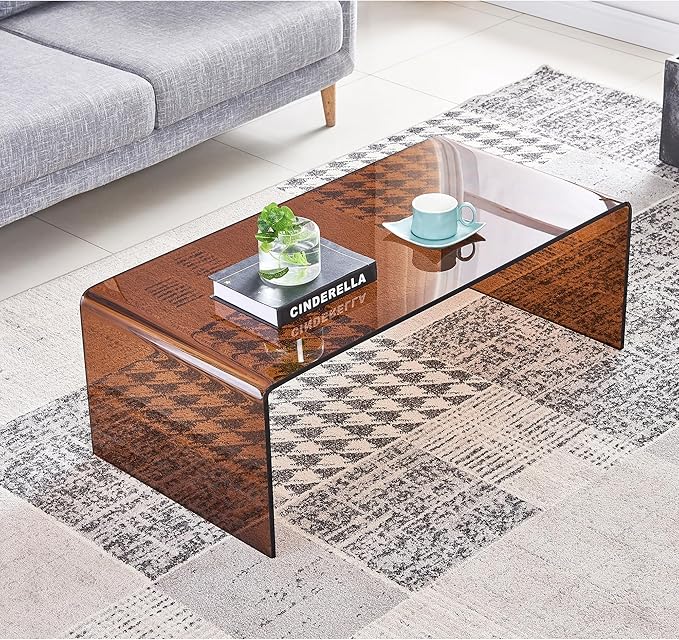 Glass Coffee Table, Modern Amber Coffee Tables for Living Room, Small Rectangle Tempered Glass Waterfall Sofa End Table, 39.4" x 19.7" x 13.78“