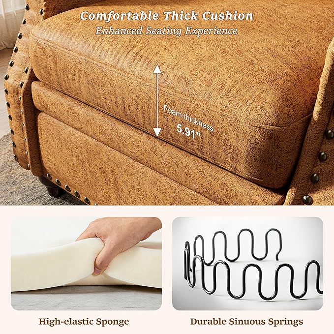 Single Sofa Chair, Faux Leather Nailhead Armchair, Rolled Arm Accent Chair for Living Room, Wood Legs, Traditional Single Couch Chair for Apartment, Farmhouse (Brown, Set of 2)