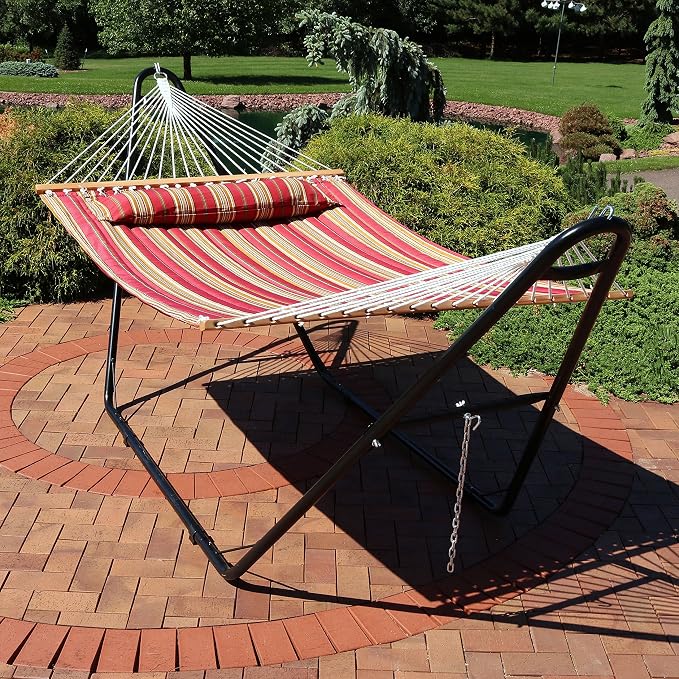 Sunnydaze Double Quilted Fabric Hammock with Universal Steel Stand - 450-Pound Capacity - Black Stand - Red Stripes - Image 7
