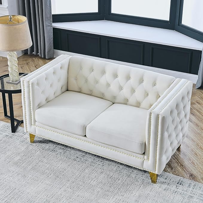 KEIKI Tufted Velvet 2 Seat Sofa Couch for Living Room, Buttons Tufted Square Arm Couch for Home Apartment, Beige