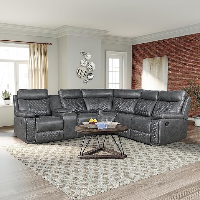 ERYE Modern Manual Reclining Corner Sectional Sofa,L-Shaped Faux Leather Upholstered Motion Recliner Sofa Couch W/Storage Console and 2 Cup Holders for Living Room Home Theater