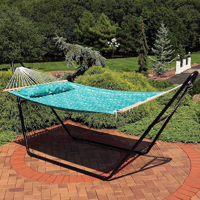 Sunnydaze Quilted Double Hammock for Outside with Spreader Bars and Pillow - 450 lb Capacity, 74x55 Inch Bed, UV Resistant, Quick Dry - Chains Included, Stand Sold Separately - Cool Blue Tropics - Image 8