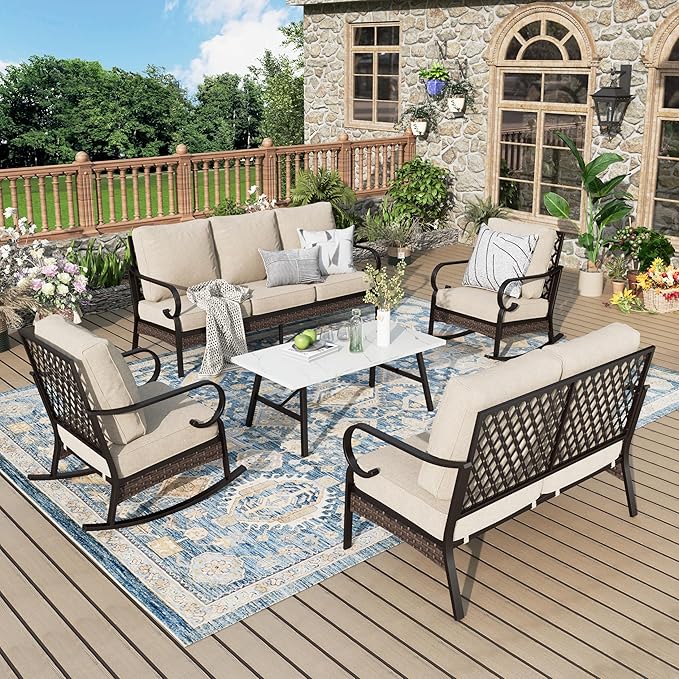 Patio Furniture Set with Coffee Table, Outdoor Conversation Set with 2 x Rocking Chairs, 1 x 2-Seat Sofa, 1 x 3-Seat Sofa for Lawn Garden Backyard, Beige