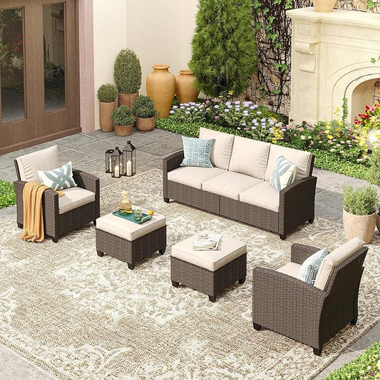 VICLLAX Patio Furniture Set 5 Pieces Wicker Outdoor Conversation Set, 3-Seat Sofa with 2 Single Sofa Chairs and 2 Ottomans for Garden, Poolside, Backyard, Beige Cushion