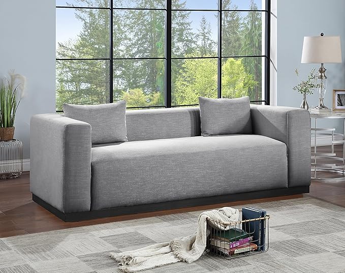 Meridian Furniture 642Grey-S Alfie Collection Modern | Contemporary Sofa with Rich Grey Linen Textured Fabric, Black Finish Solid Wood Base, 90.5" W x 36" D x 28.5" H, Grey