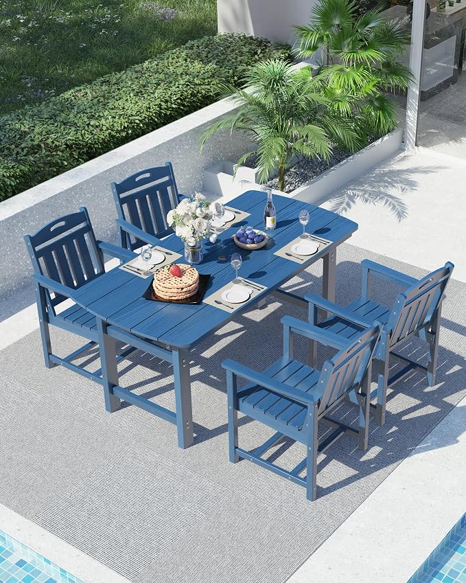 Ciokea HDPE Outdoor Dining Set, 5-Piece Patio Table and Chairs Set with Umbrella Hole, All-Weather Patio Dining Sets for 4, Durable Patio Furniture for Backyard, Garden, Lawn & Poolside, Navy Blue - Image 7
