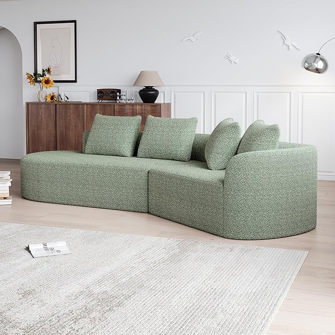 112" Modern Cloud Sectional Sofa, Chenille 4-Seater Curved Couch with 4 Pillows, Extra Deep & Wide Seat, No-Assembly Compressed Upholstered Living Room Sofa for Bedroom,Apartment,Green Right