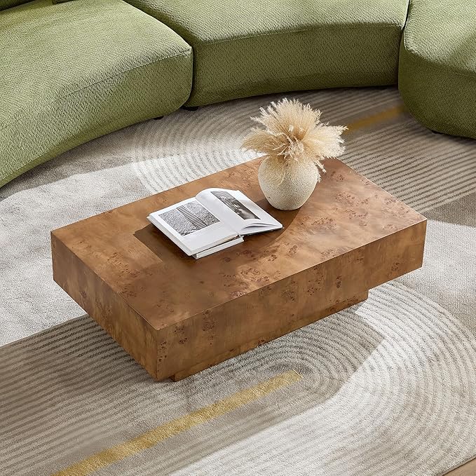 WILLIAMSPACE 43.31" Rectangle Coffee Table with Burl Wood Veneer & Sturdy Base, Modern Luxury Wood Drum Center Table Accent Side End Table for Living Room Apartment, Walnut