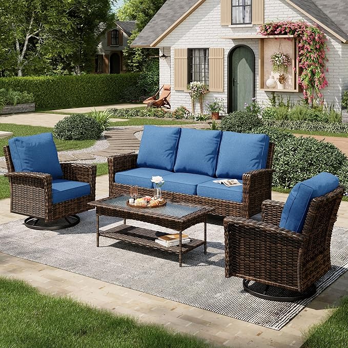 4-Piece Wicker Patio Furniture Set with Swivel Chairs, High Back Outdoor Sofa with 5.5-inch Thick Cushion, All-Weather Wicker Patio Conversation Set for Deck Yard Pool, Navy Blue