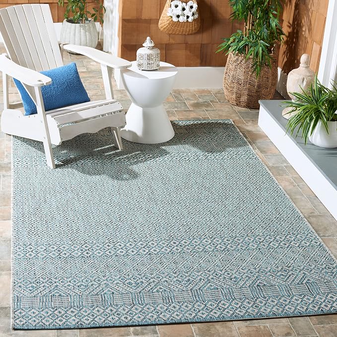 SAFAVIEH Courtyard Collection 4' x 5'7" Grey/Aqua CY8235 Indoor/ Outside Waterproof Easy cleansingPatio Backyard Mudroom Area Mat by SAFAVIEH